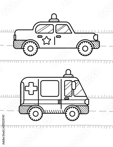 Cars coloring book for kids. Ambulance, police