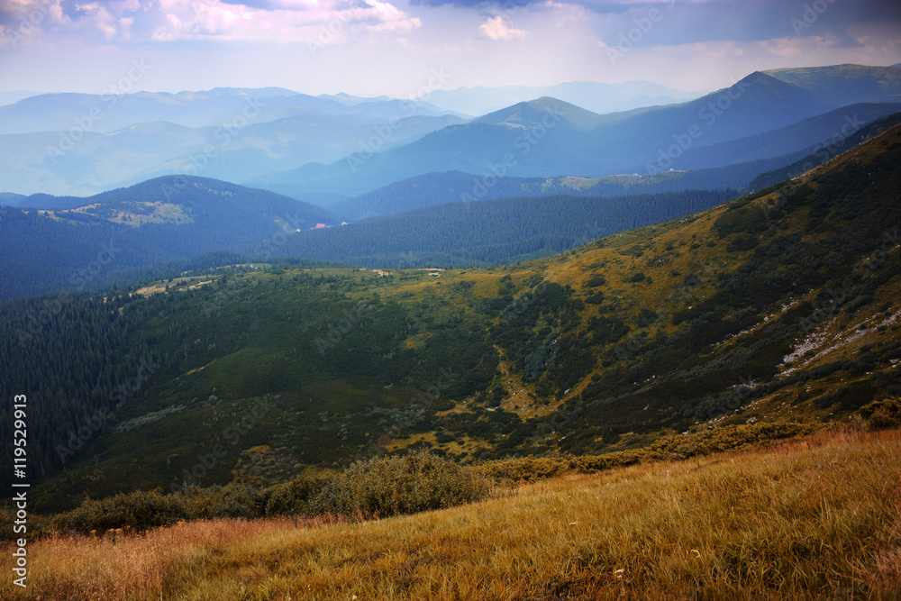 Mountain landscape. Mountain range in haze. Grass and forest on hills. Panorama. Beautiful colors.