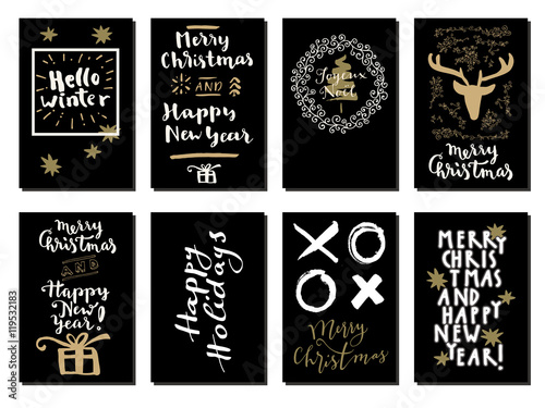 Set of Merry Christmas and Happy New Year vintage hand drawn labels with good wishes and quotes