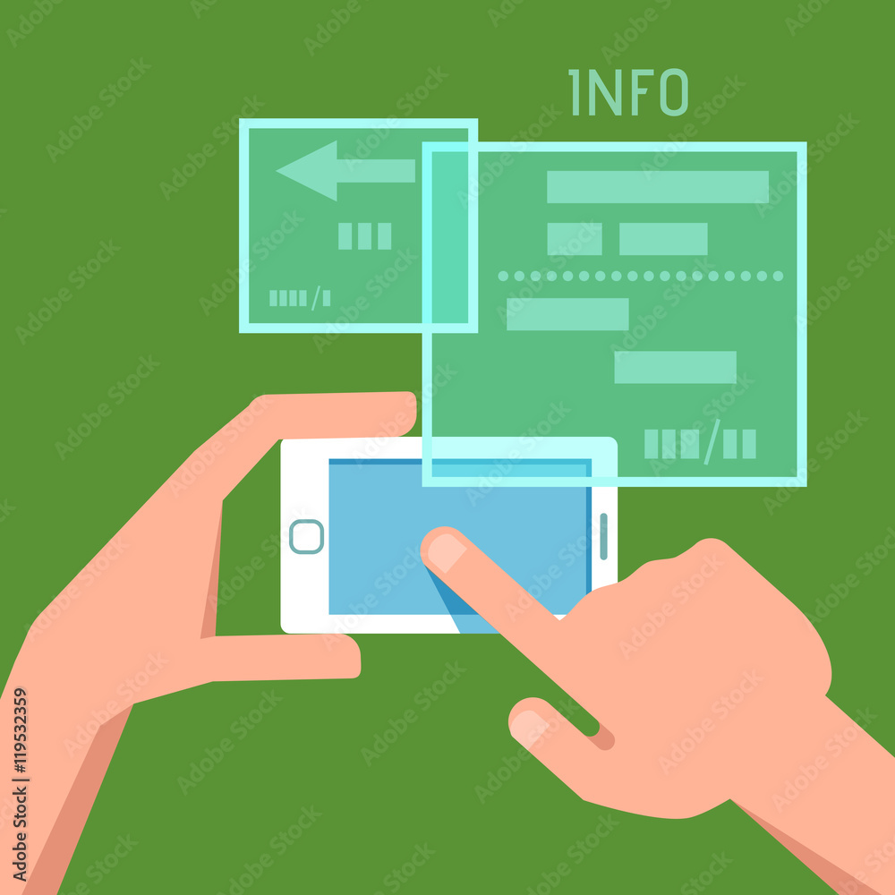 Vector flat illustration of phone in the hands. Concept of design playing video mobile game Vector flat illustration of phone in the hands. Concept of design playing video mobile game