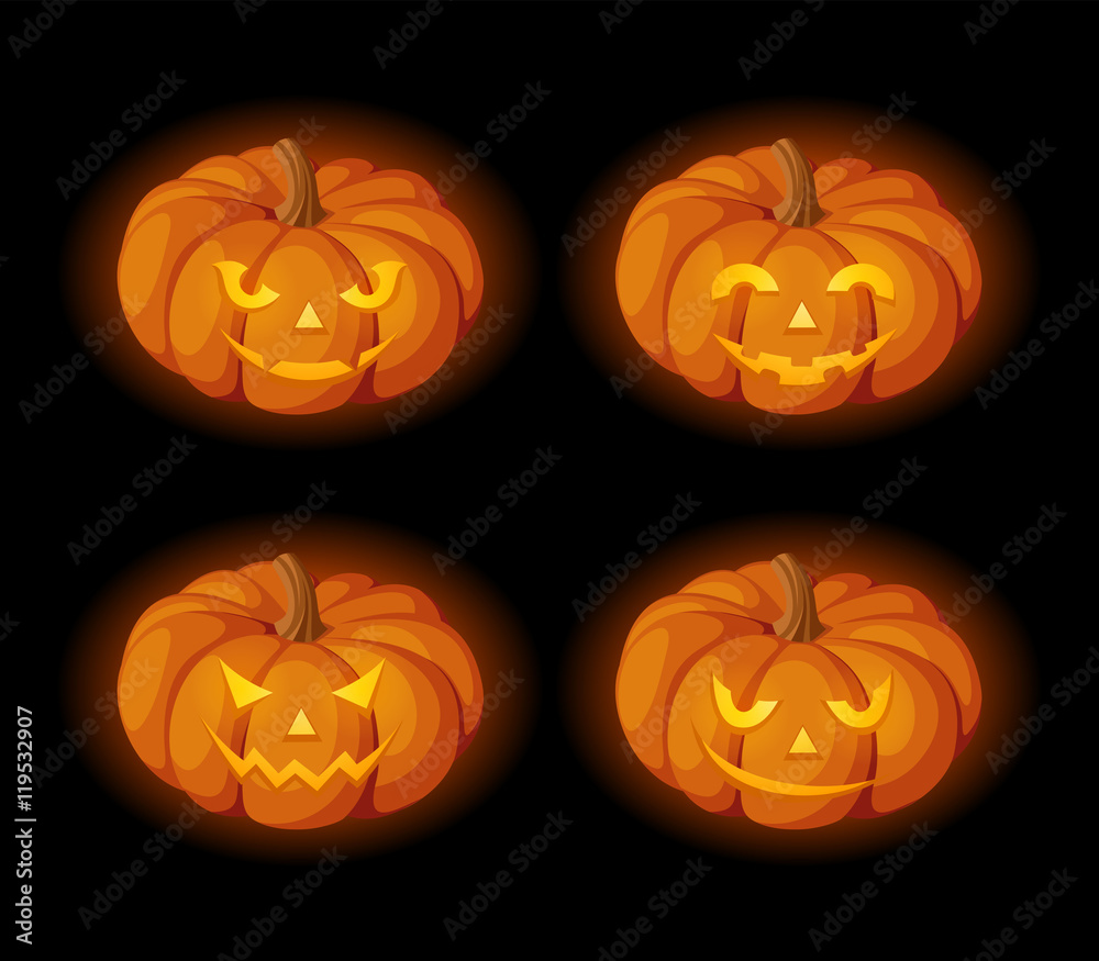 Vector set of four lighted Jack-O-Lanterns (Halloween pumpkins) on a black background. Vector set of four lighted Jack-O-Lanterns (Halloween pumpkins) on a black background.