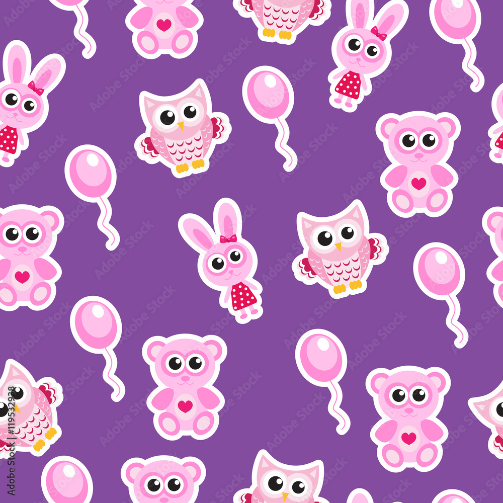 Fototapeta premium Cute baby seamless texture with an owl, rabbit, bear. Kids background, wallpaper vector illustration.
