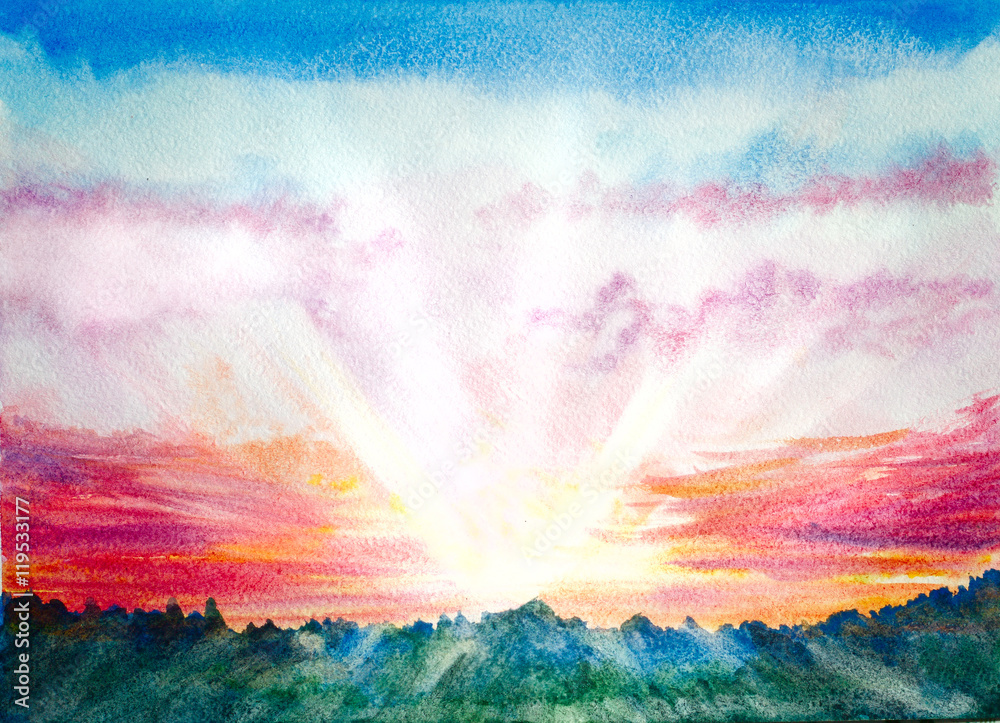 natural landscape with sunrise or sunset rays. hand painted watercolor image