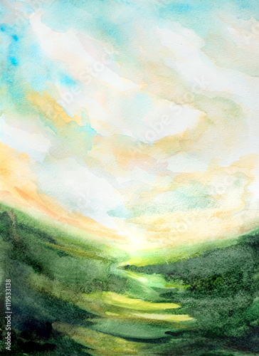 hand painted watercolor landscape background with sky, grass