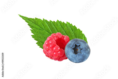 raspberriy and blueberry with leaf isolated on white background with clipping path photo