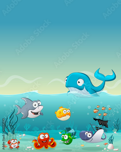 Cartoon fish under the sea. Underwater world with corals.
