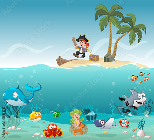Tropical island with cartoon pirate boy with fish and mermaid under water. 