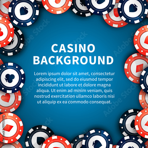 Casino chips on table, background with text template