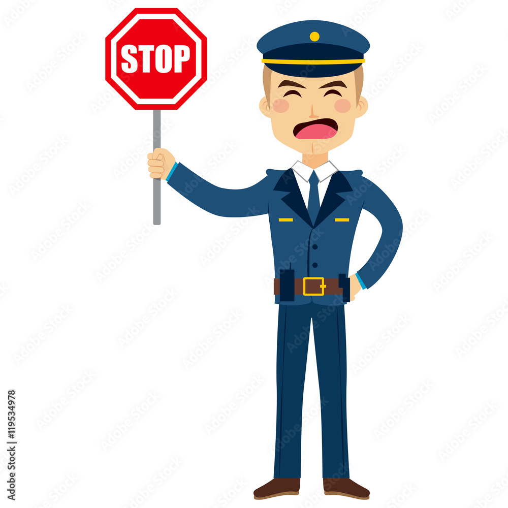 Illustration of a policeman holding stop traffic sign
