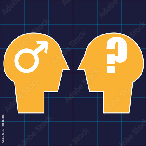 Two heads in profile facing each other with the male gender symbol in one and a question mark in the other as a metaphor for gender identification issues