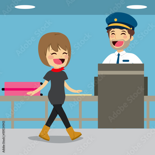 Girl on security check control while policeman is inspecting baggage with x-ray machine