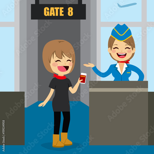 Young woman holding ticket and passport at airport boarding gate talking with stewardess