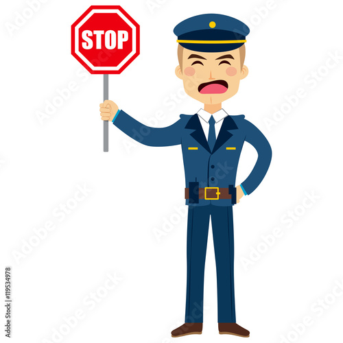 Illustration of a policeman holding stop traffic sign