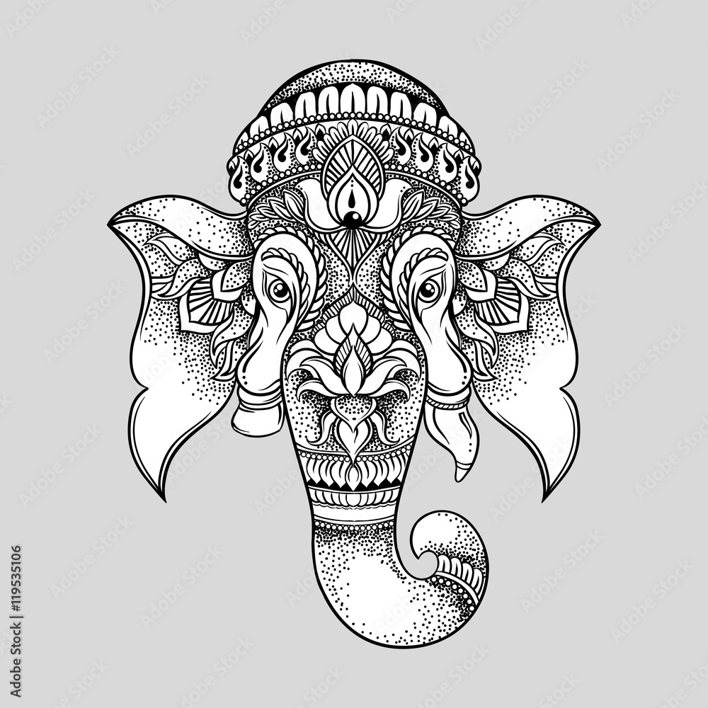 Fototapeta premium Hand drawn elephant head tribal style. Hindu Lord Ganesha vector