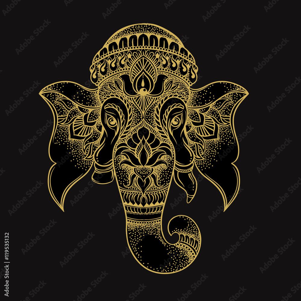 Fototapeta premium Hand drawn elephant head tribal style. Hindu Lord Ganesha vector