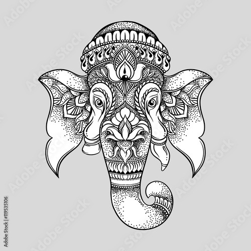 Hand drawn elephant head tribal style. Hindu Lord Ganesha vector