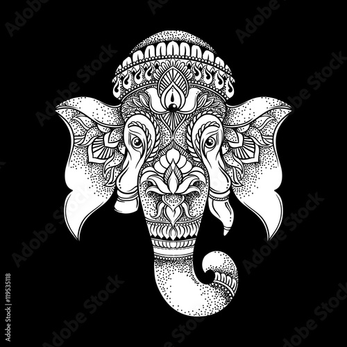 Hand drawn elephant head tribal style. Hindu Lord Ganesha vector