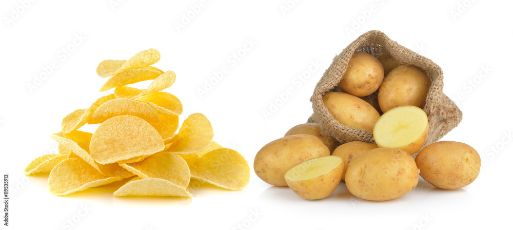 potato in the sack and Potato chips on white background potato in the sack and Potato chips on white background