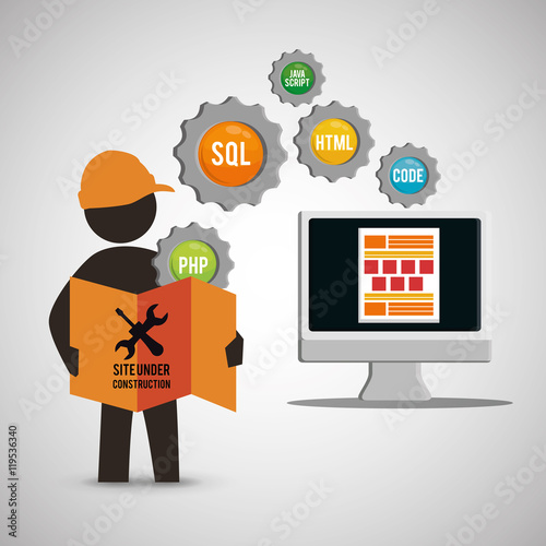 computer constructor tools road sign gears helmet under construction site web online digital icon set. Colorful and flat design. Vector illustration