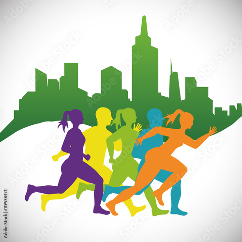 runner man woman city athlete running training fitness healthy lifestyle sport marathon icon. Colorful and flat design. Vector illustration