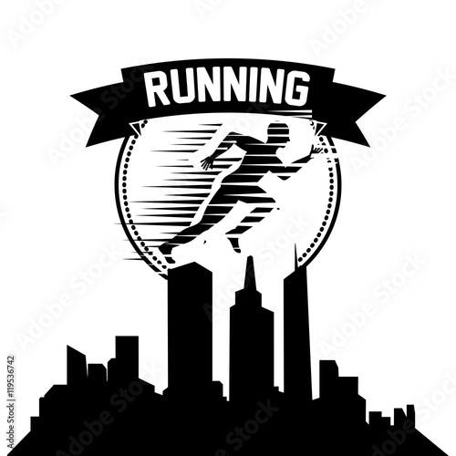 runner athlete man male city building urban running training fitness healthy lifestyle sport marathon icon. black and flat design. Vector illustration