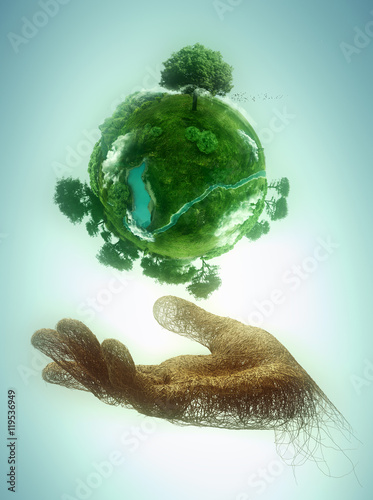 Fototapeta Naklejka Na Ścianę i Meble -  hand made of branches holding a green planet