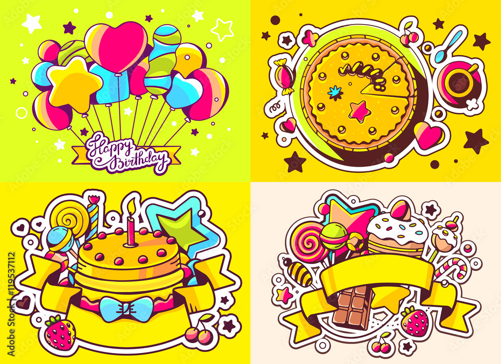 Vector creative colorful set of birthday illustration with ballo