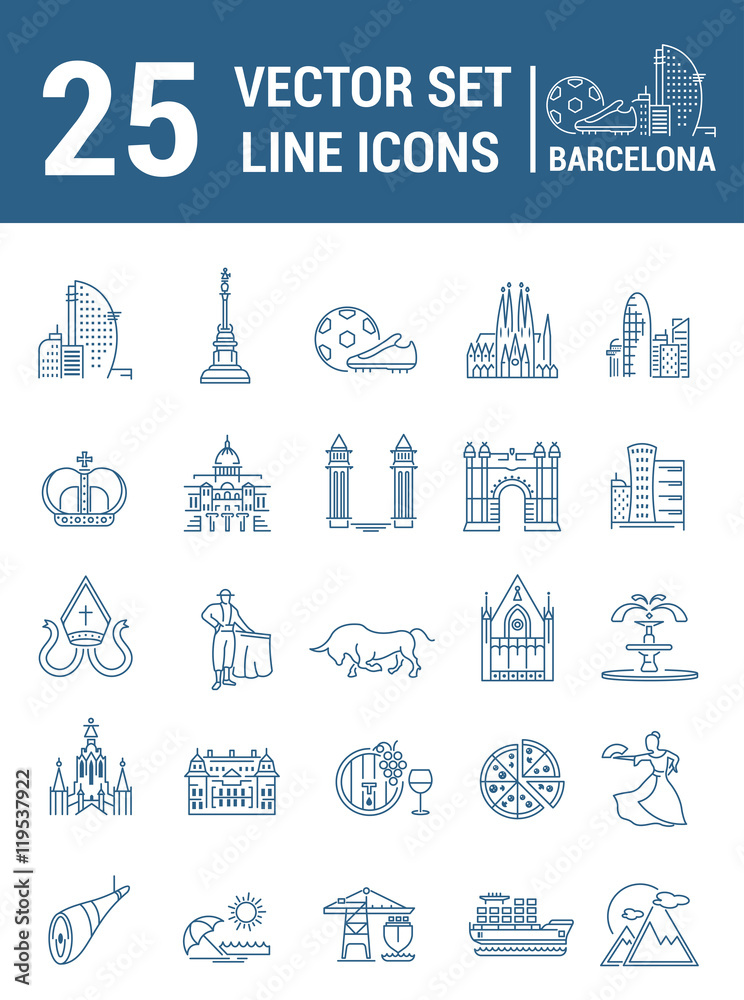 Fototapeta Set vector line icons in flat design with Barcelona elements