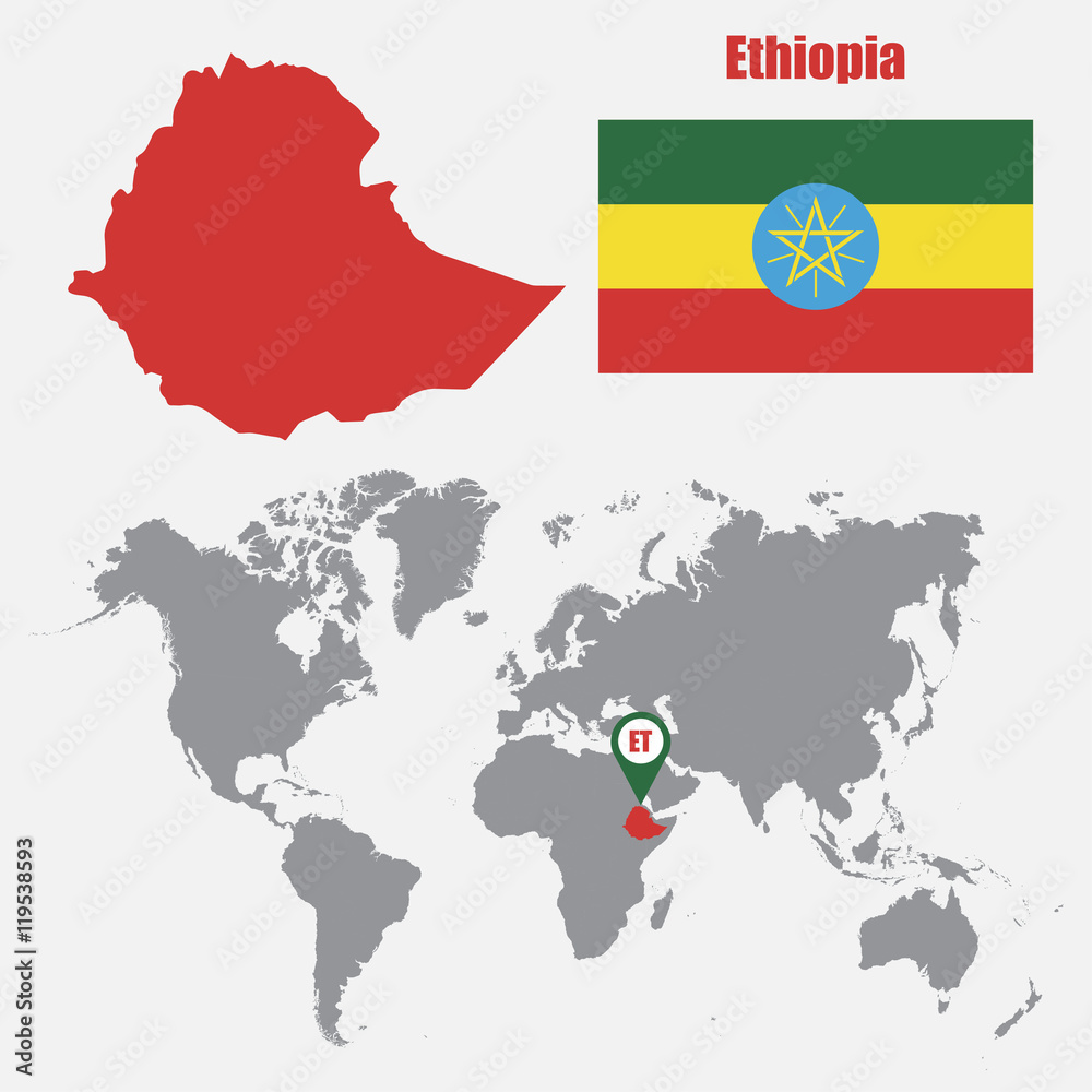 Obraz premium Ethiopia map on a world map with flag and map pointer. Vector illustration