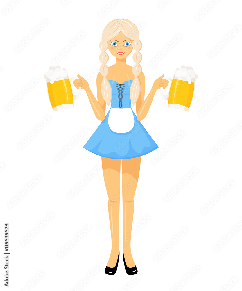 Vector detailed flat illustration of oktoberfest bavarian girl in national dress holding two beer mugs Vector detailed flat illustration of oktoberfest bavarian girl in national dress holding two beer mugs