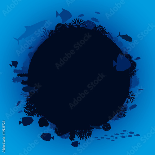 Vector illustration of sea life and coral on seabed background.