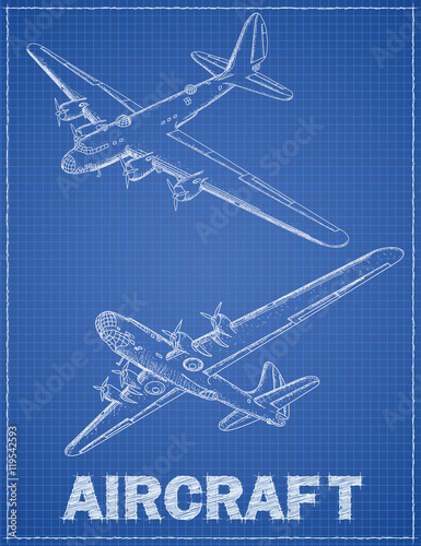 Plane illustration in blue print style.