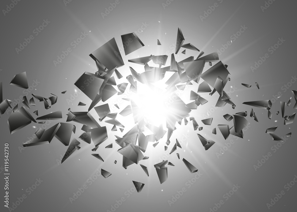 Black explosion background. Explosion cloud of black pieces with glow lights. Abstract vector illustration