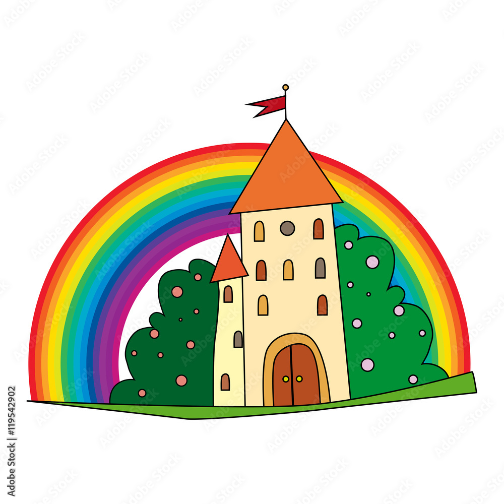 Fototapeta premium fairytale castle with fruit trees and a rainbow.