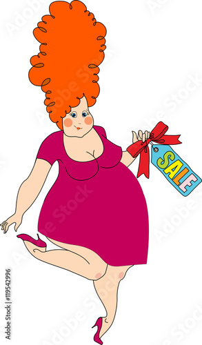 plump pretty woman shows a sign of sale