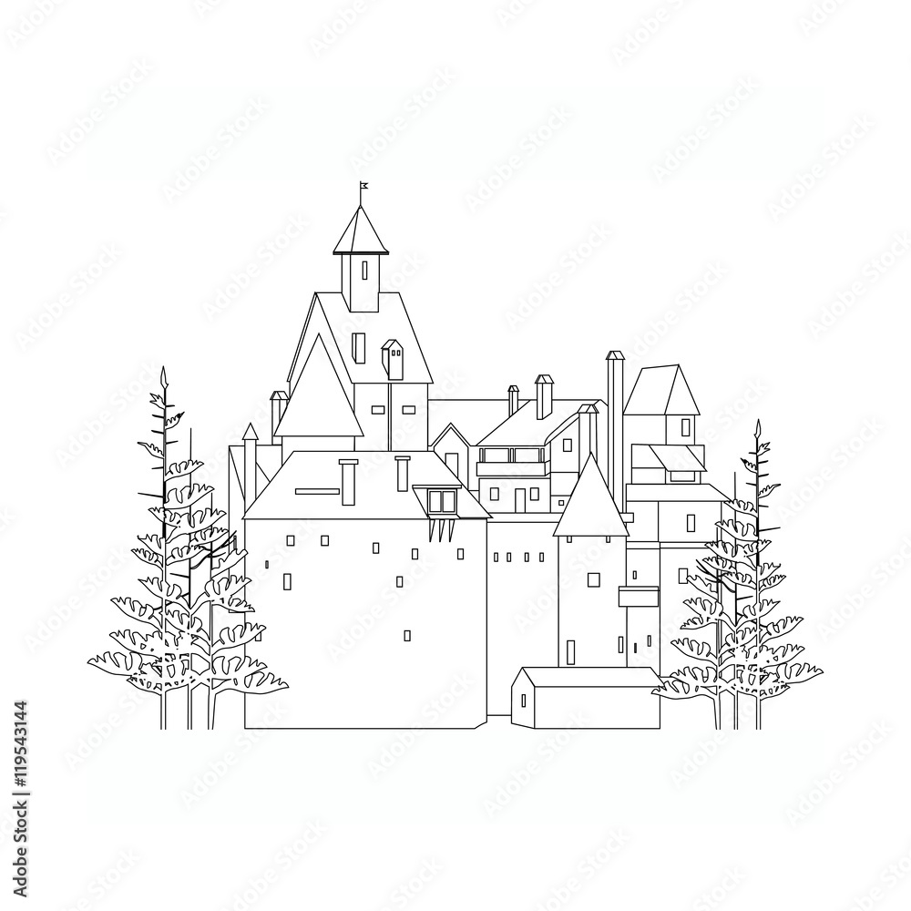 black and white castle among the firs