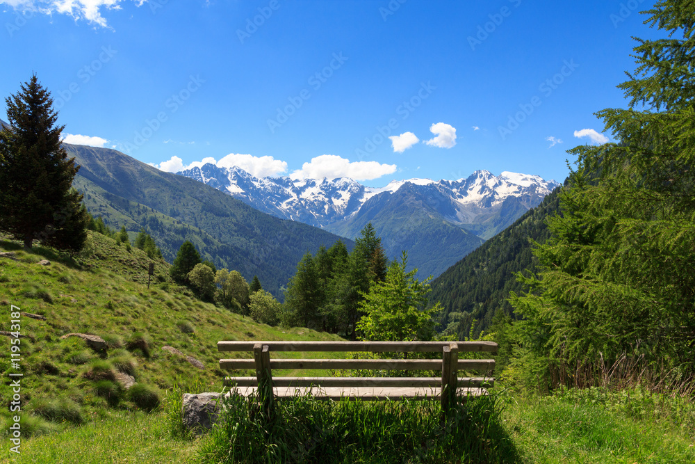 Panorama view with bench and alpine mountains from Adamello Alps, Italy