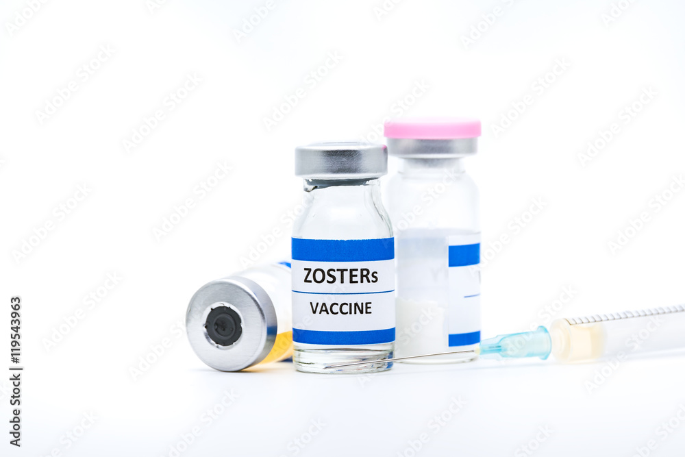 zoster vaccine with syringe on white background zoster vaccine with syringe on white background