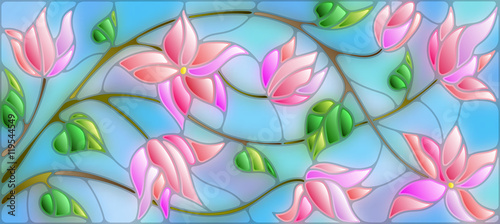 Illustration in stained glass style with abstract cherry blossoms on a blue background