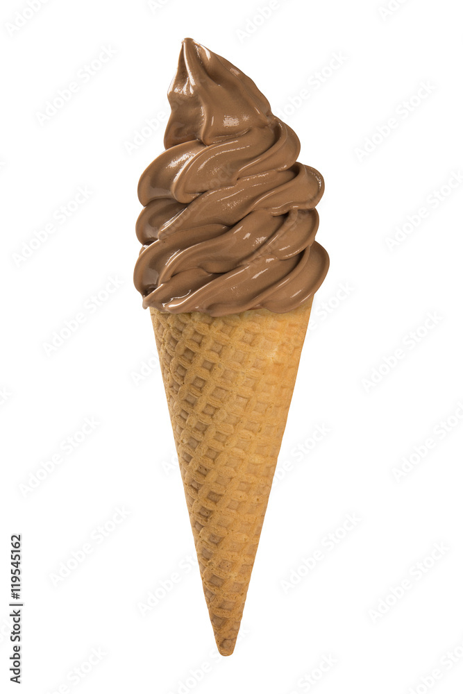 Chocolate soft ice cream waffled cone in white background.