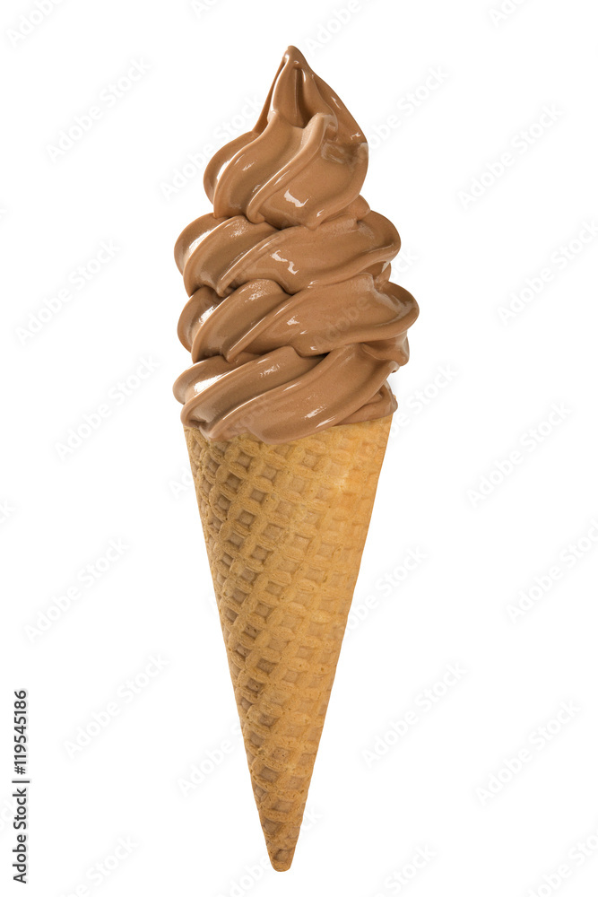 Chocolate soft ice cream waffled cone in white background.
