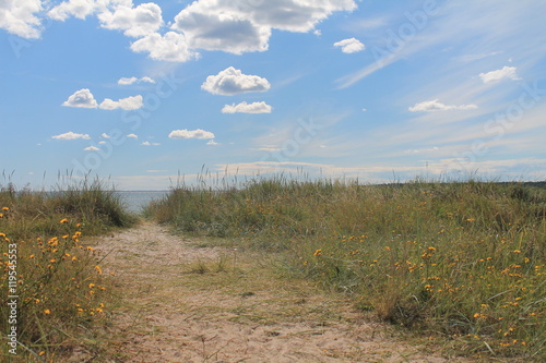 På väg mot sandstranden för att sola och bada