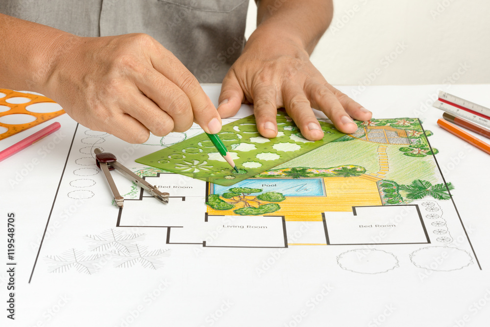 Fototapeta premium Landscape architect design backyard plan for villa
