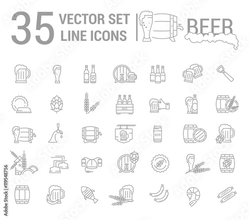 Vector set on the subject of beer and brewing in a linear design. The elements of brewing, the image of glasses and barrels of beer.