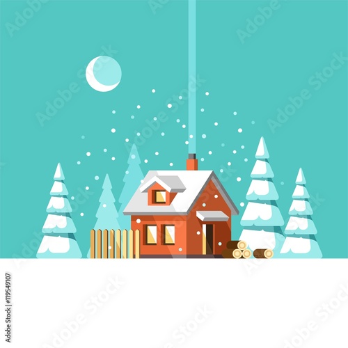 Winter house. Christmas and Happy New Year greeting card. Vector illustration.
