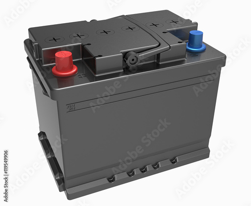 3D black car battery with black handle on white with blue and red terminals