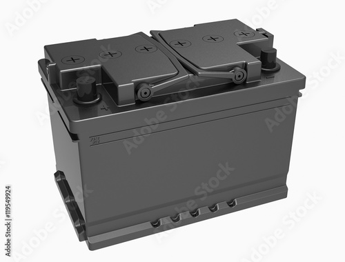 3D black car battery with black handles on white with black terminals