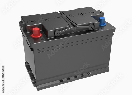 3D black car battery with black handles on white with blue and redd terminals