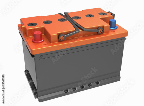 3D black car battery with black handles on white with orange cover and blue and red terminals