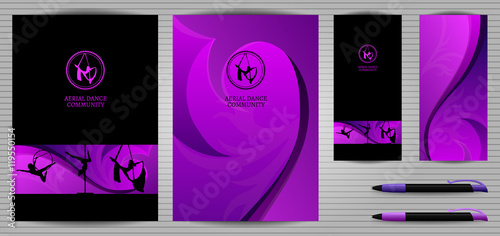 Vector Purple and Black Pole Dance and Aerial Sports School Corporate Identity and Stationery Templates Set. Document, Book